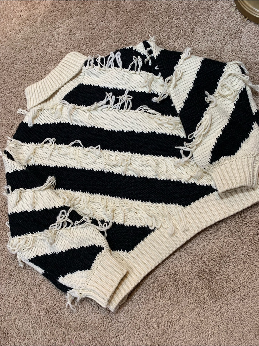Lou & Grey Black and Cream Fringed Stripe Sweater